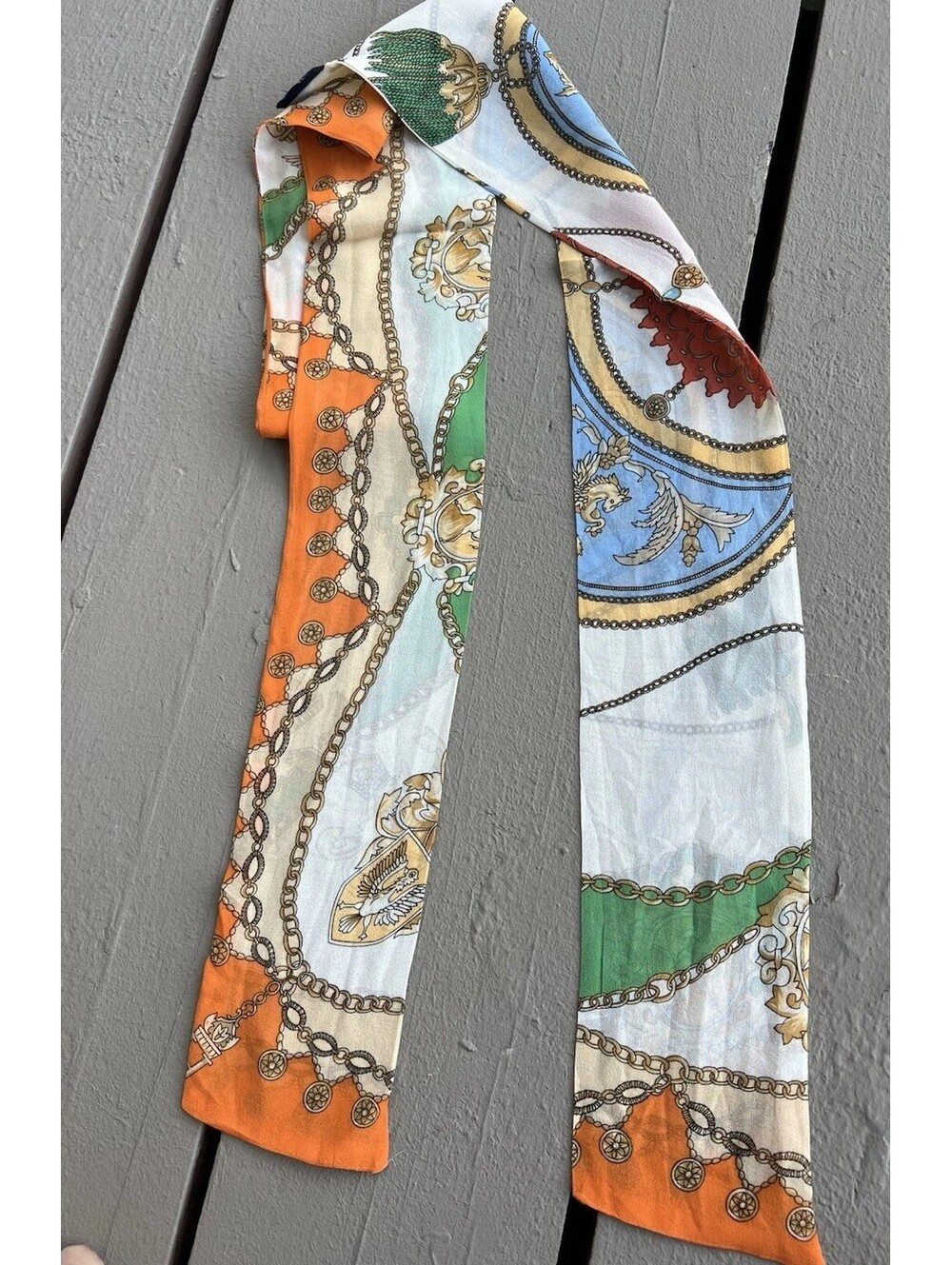 Silk narrow 64”X4” multicolored printed scarf chain equestrian Tommy Hilfiger.
